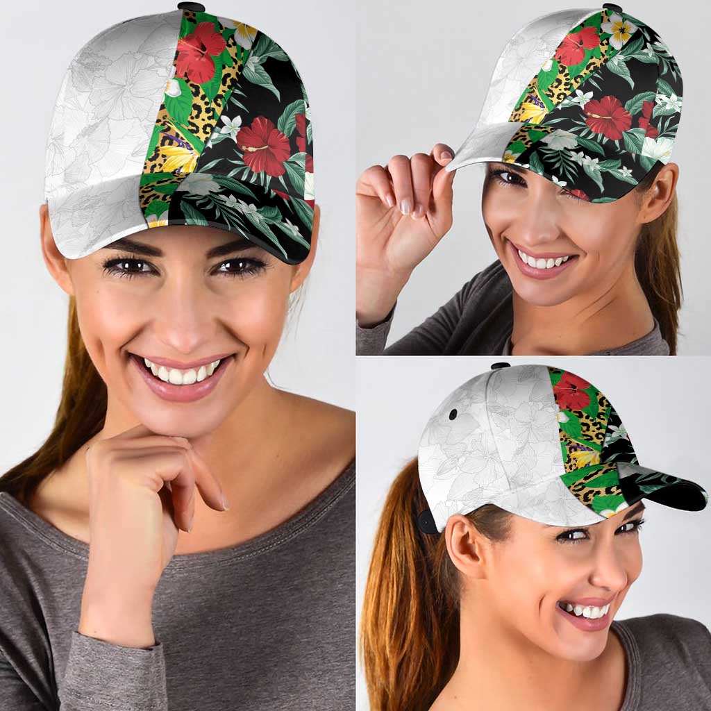 Hawaiian Tropical Flowers and Leaves Classic Cap Leopard Pattern Half White Black Version LT03