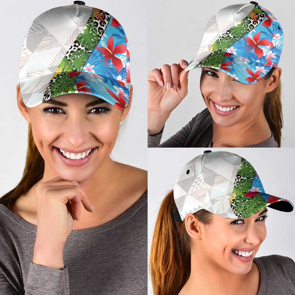 Hawaiian Tropical Flowers and Leaves Classic Cap Leopard Pattern Half White Blue Version LT03