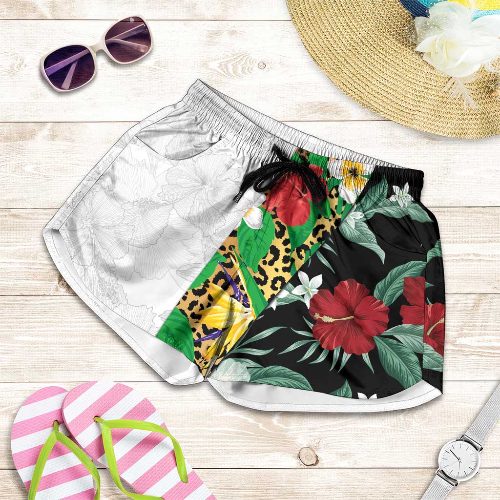 Hawaiian Tropical Flowers and Leaves Shorts for Women Leopard Pattern Half White Black Version - Polynesian Pride