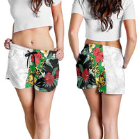 Hawaiian Tropical Flowers and Leaves Shorts for Women Leopard Pattern Half White Black Version - Polynesian Pride