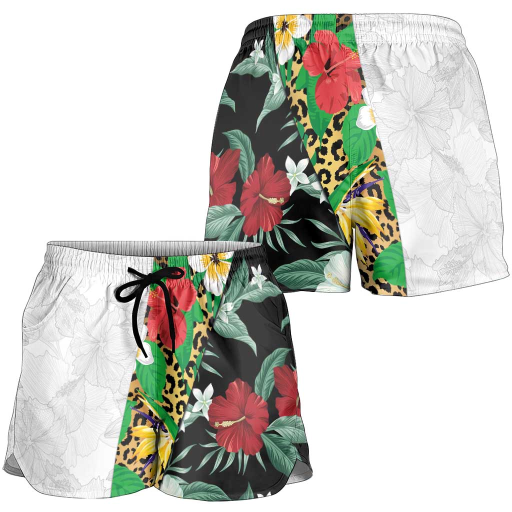 Hawaiian Tropical Flowers and Leaves Shorts for Women Leopard Pattern Half White Black Version - Polynesian Pride