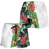 Hawaiian Tropical Flowers and Leaves Shorts for Women Leopard Pattern Half White Black Version - Polynesian Pride