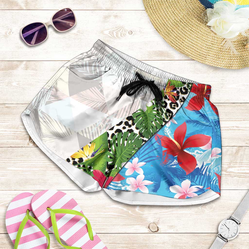 Hawaiian Tropical Flowers and Leaves Shorts for Women Leopard Pattern Half White Blue Version - Polynesian Pride