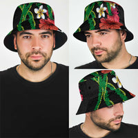 Hawaiian Tropical Flowers and Maile Pikake Bucket Hat Polynesian Tribal Pattern Black Color LT03