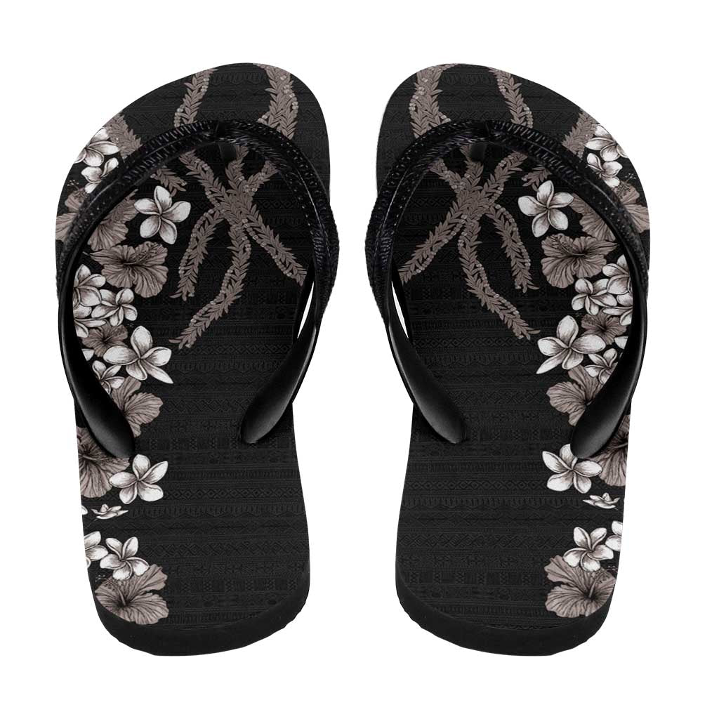 Hawaiian Tropical Flowers and Maile Pikake Flip Flops Polynesian Tribal Pattern Grayscale Mode LT03 - Polynesian Pride