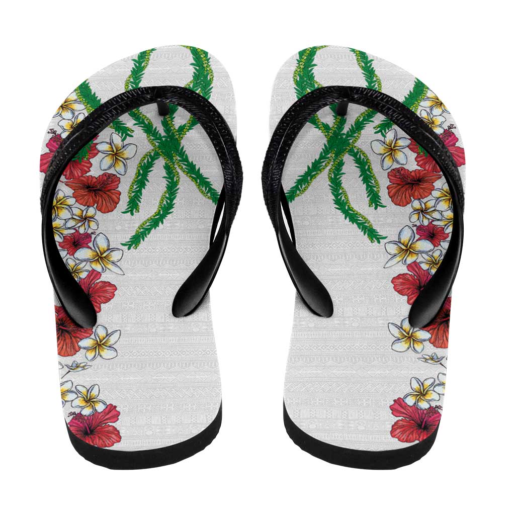 Hawaiian Tropical Flowers and Maile Pikake Flip Flops Polynesian Tribal Pattern White Color