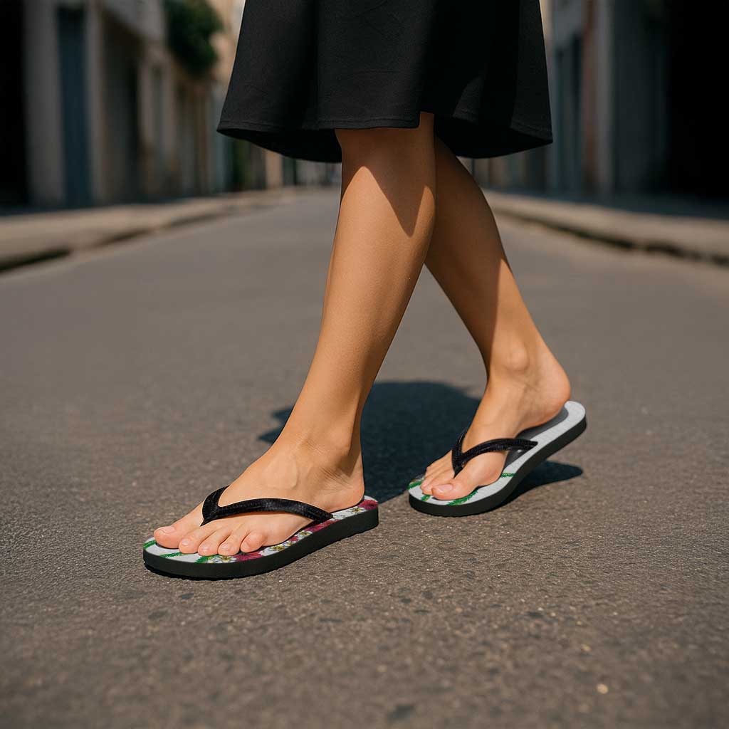 Hawaiian Tropical Flowers and Maile Pikake Flip Flops Polynesian Tribal Pattern White Color