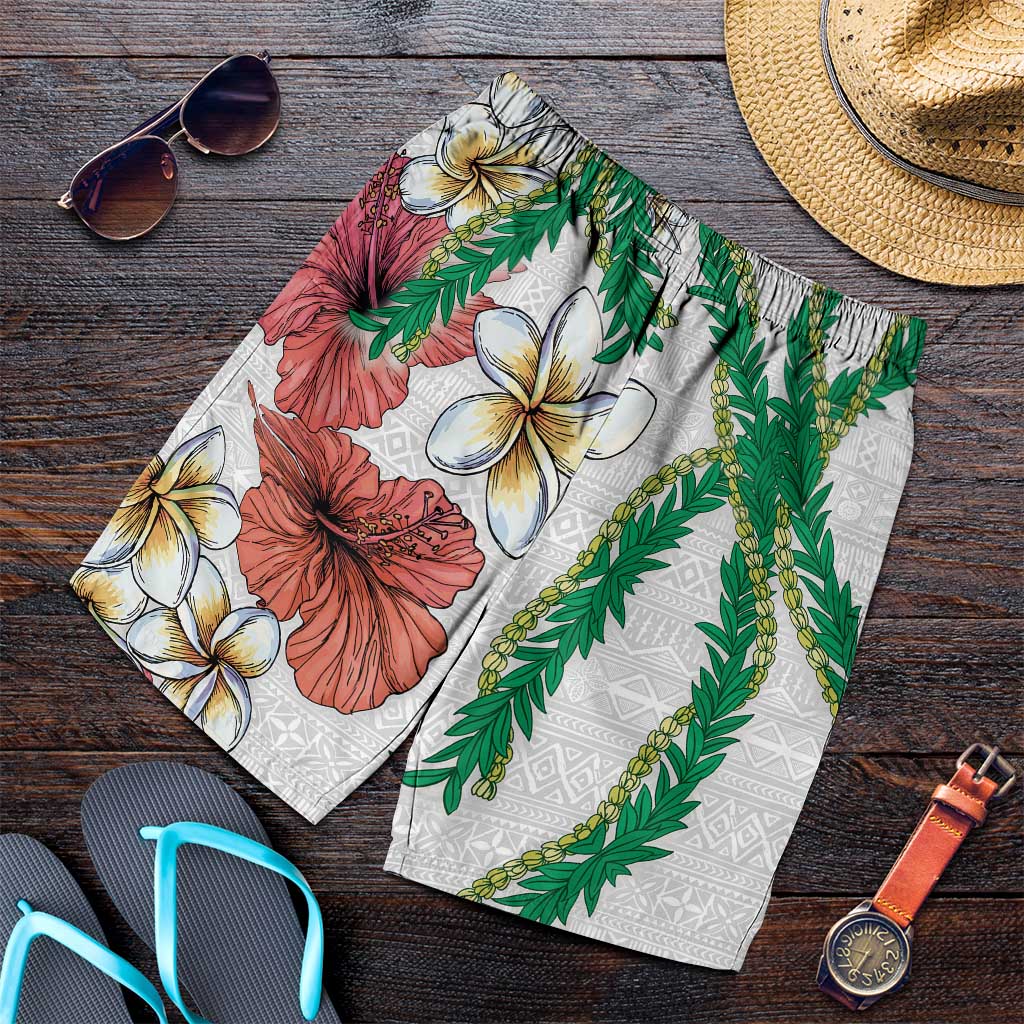 Hawaiian Tropical Flowers and Maile Pikake Shorts for Men Polynesian Tribal Pattern White Color - Polynesian Pride