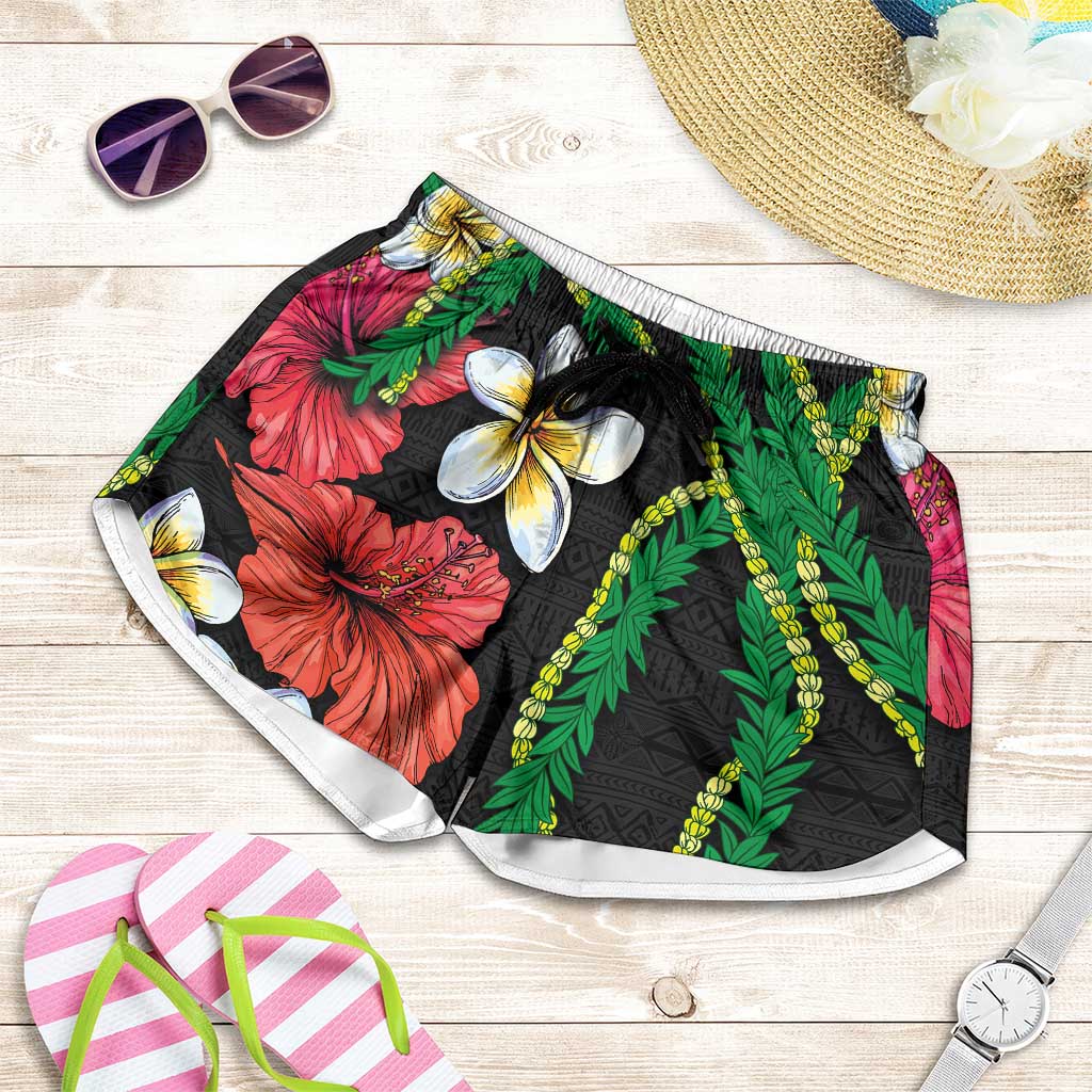 Hawaiian Tropical Flowers and Maile Pikake Shorts for Women Polynesian Tribal Pattern Black Color - Polynesian Pride
