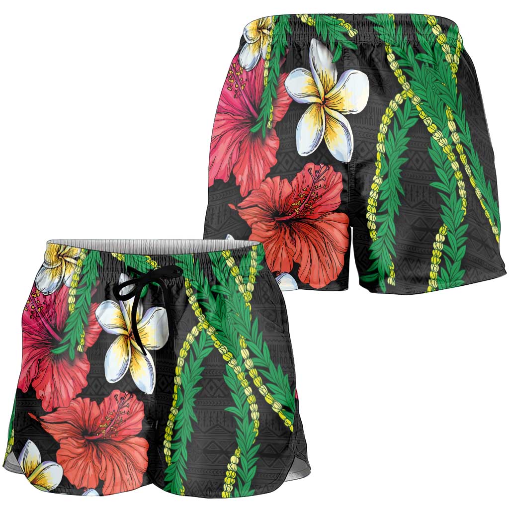 Hawaiian Tropical Flowers and Maile Pikake Shorts for Women Polynesian Tribal Pattern Black Color - Polynesian Pride