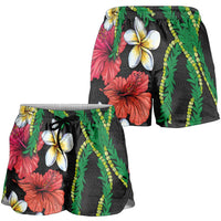 Hawaiian Tropical Flowers and Maile Pikake Shorts for Women Polynesian Tribal Pattern Black Color - Polynesian Pride