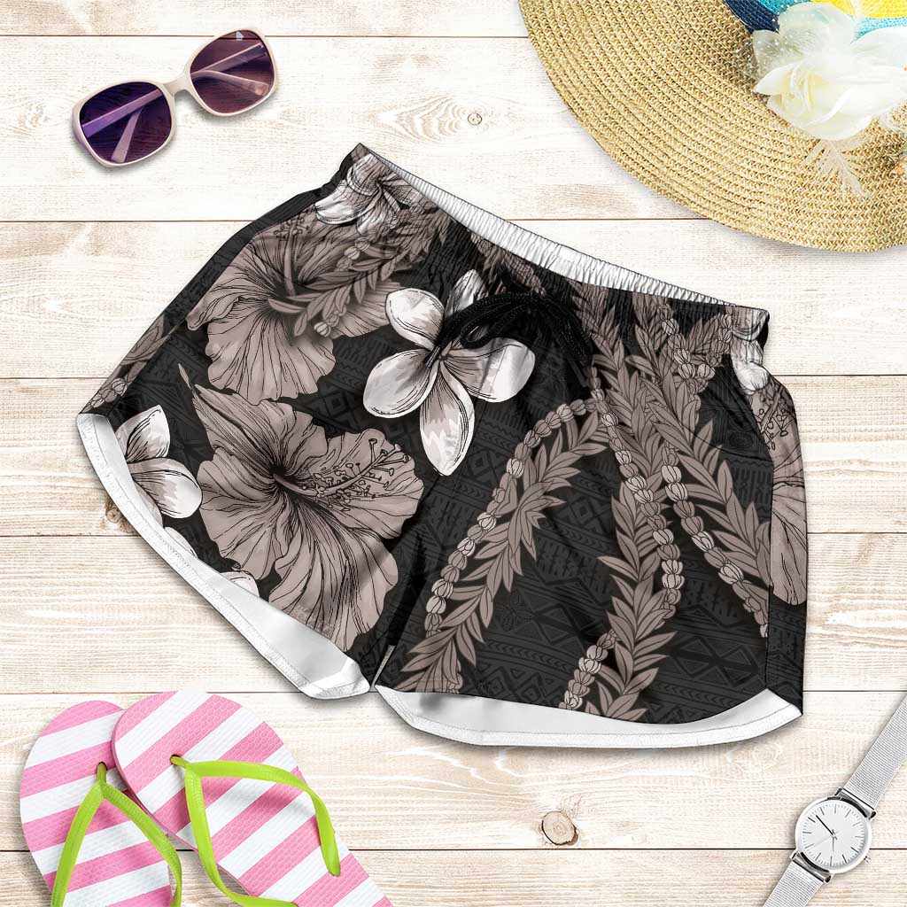 Hawaiian Tropical Flowers and Maile Pikake Shorts for Women Polynesian Tribal Pattern Grayscale Mode - Polynesian Pride