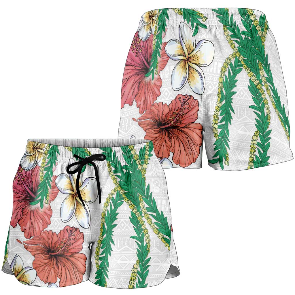 Hawaiian Tropical Flowers and Maile Pikake Shorts for Women Polynesian Tribal Pattern White Color - Polynesian Pride