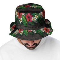 Hawaiian Tropical Flowers and Tribal Polynesian Tattoo Bucket Hat Black Color LT03