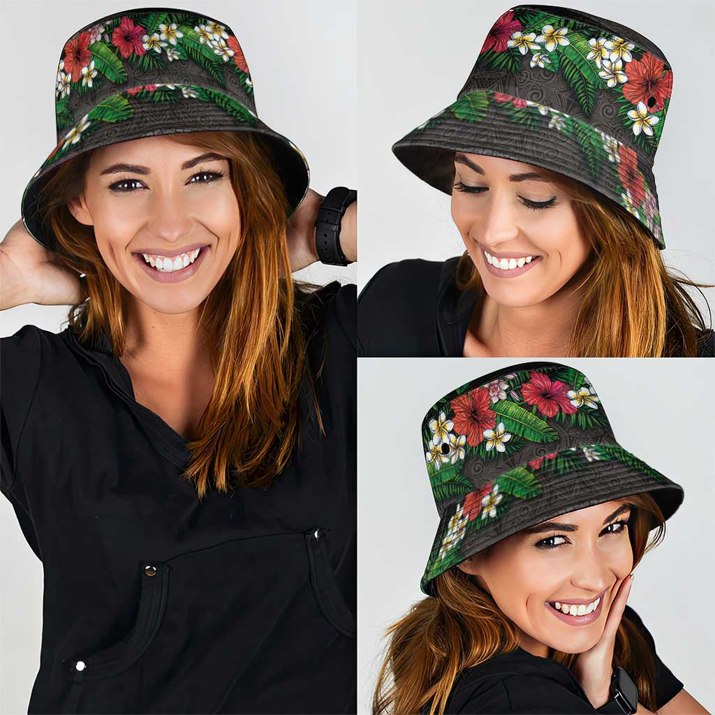 Hawaiian Tropical Flowers and Tribal Polynesian Tattoo Bucket Hat Black Color LT03