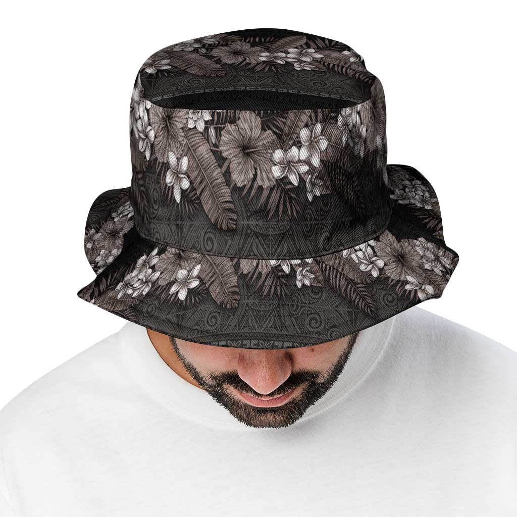Hawaiian Tropical Flowers and Tribal Polynesian Tattoo Bucket Hat Grayscale Mode LT03