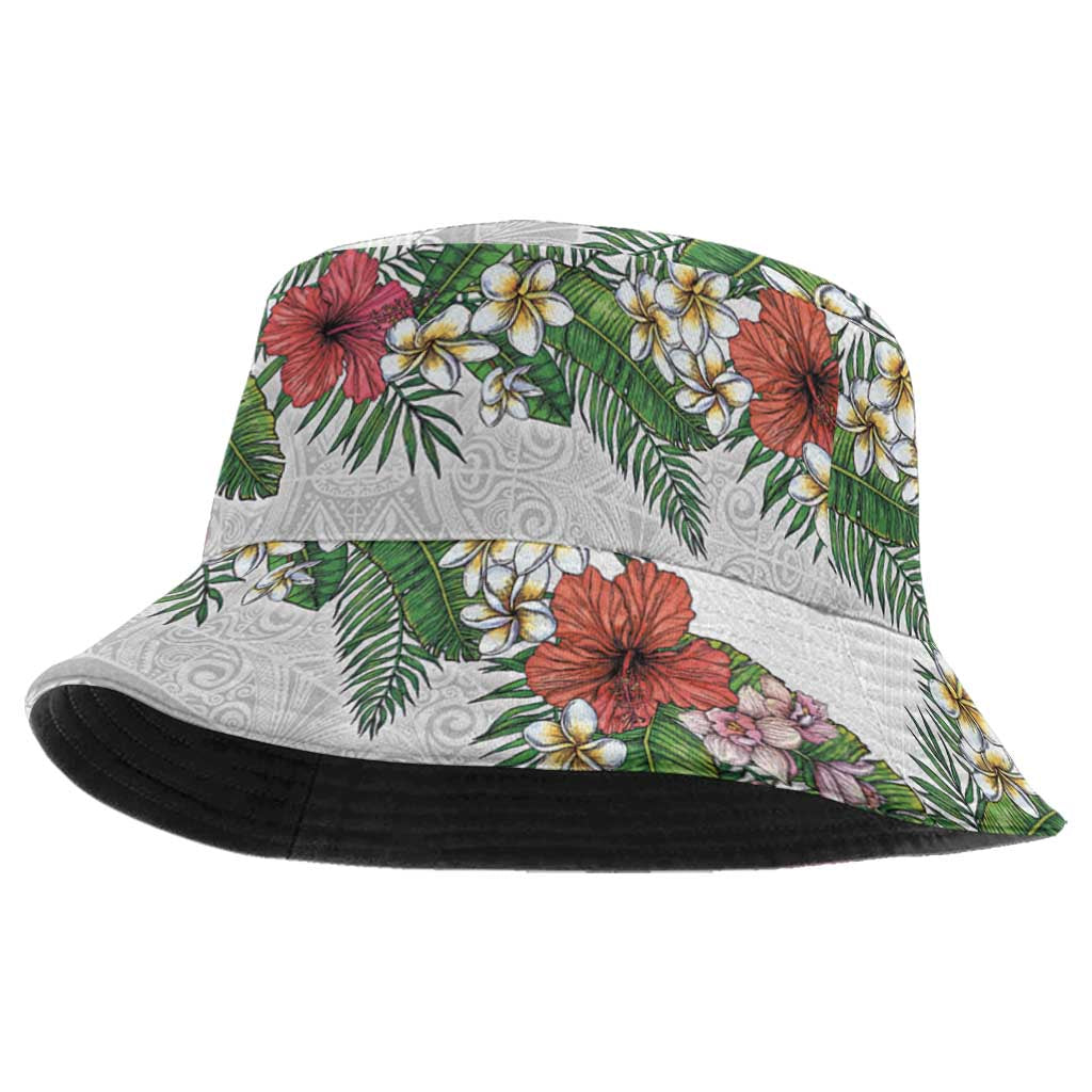 Hawaiian Tropical Flowers and Tribal Polynesian Tattoo Bucket Hat White Color LT03