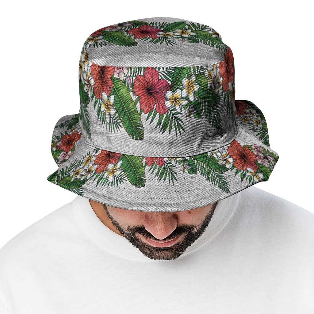 Hawaiian Tropical Flowers and Tribal Polynesian Tattoo Bucket Hat White Color LT03