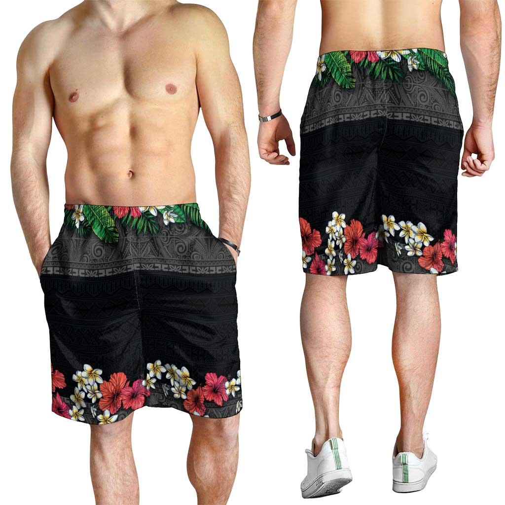 Hawaiian Tropical Flowers and Tribal Polynesian Tattoo Shorts for Men Black Color LT03 - Polynesian Pride
