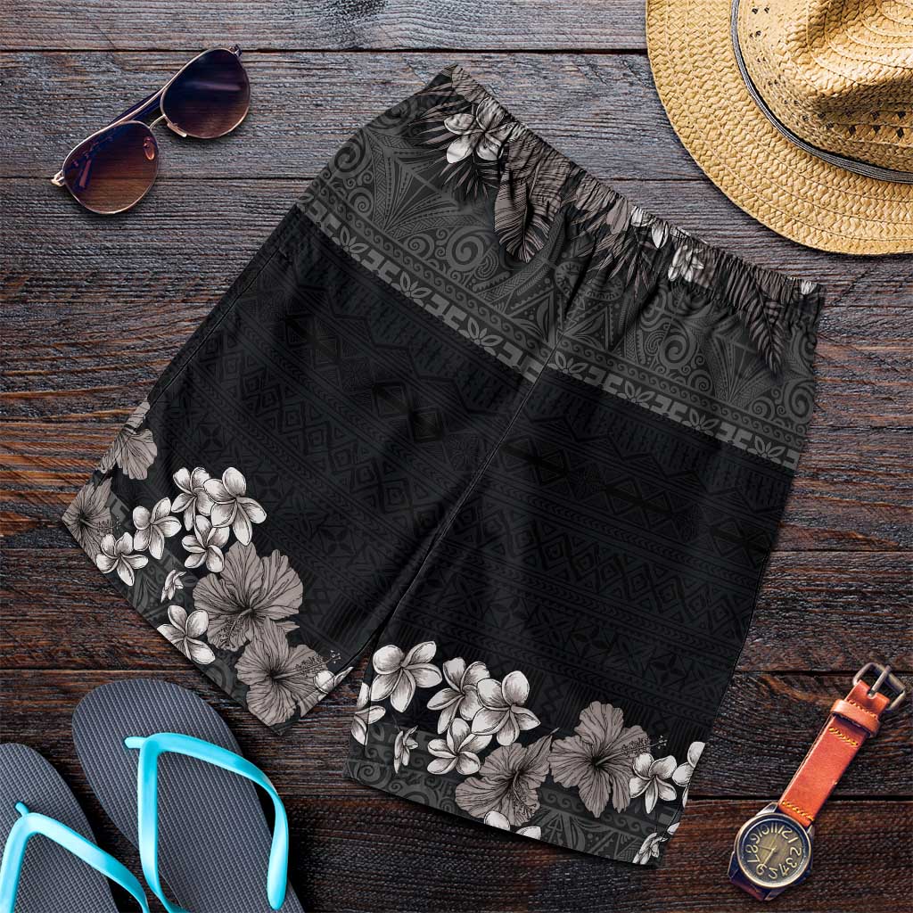 Hawaiian Tropical Flowers and Tribal Polynesian Tattoo Shorts for Men Grayscale Mode - Polynesian Pride