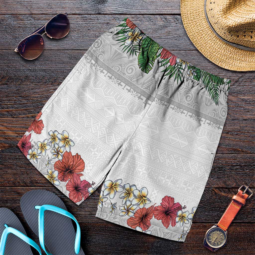 Hawaiian Tropical Flowers and Tribal Polynesian Tattoo Shorts for Men White Color LT03 White - Polynesian Pride