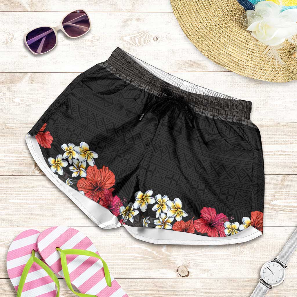 Hawaiian Tropical Flowers and Tribal Polynesian Tattoo Shorts for Women Black Color - Polynesian Pride