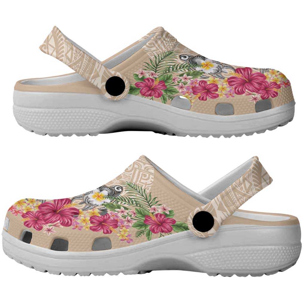 Hawaiian Tropical Flowers and Tribal Turtles Clogs Shoes Polynesian Art Motifs Beige Color - Polynesian Pride