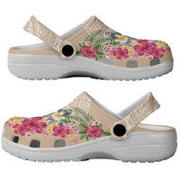 Hawaiian Tropical Flowers and Tribal Turtles Clogs Shoes Polynesian Art Motifs Beige Color - Polynesian Pride