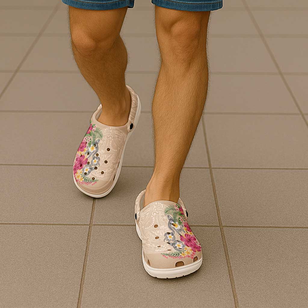 Hawaiian Tropical Flowers and Tribal Turtles Clogs Shoes Polynesian Art Motifs Beige Color - Polynesian Pride