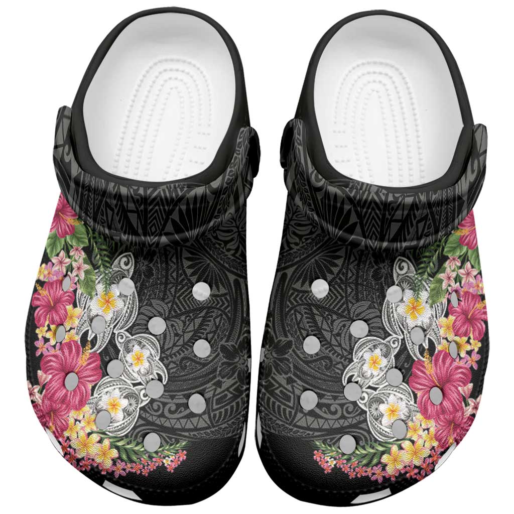 Hawaiian Tropical Flowers and Tribal Turtles Clogs Shoes Polynesian Art Motifs Black Color - Polynesian Pride