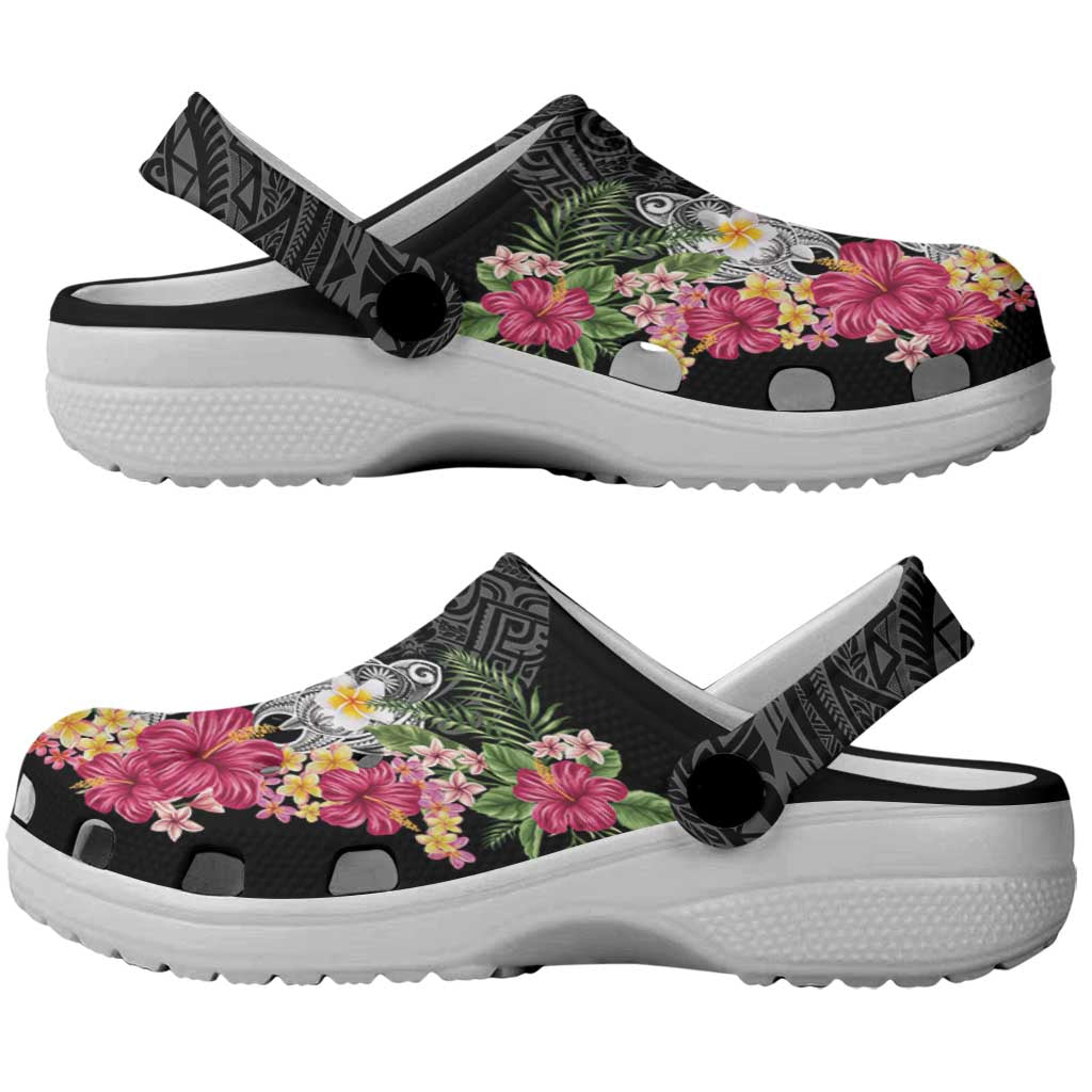 Hawaiian Tropical Flowers and Tribal Turtles Clogs Shoes Polynesian Art Motifs Black Color - Polynesian Pride