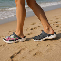 Hawaiian Tropical Flowers and Tribal Turtles Clogs Shoes Polynesian Art Motifs Black Color - Polynesian Pride