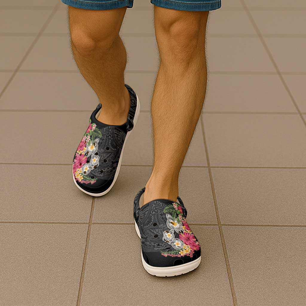 Hawaiian Tropical Flowers and Tribal Turtles Clogs Shoes Polynesian Art Motifs Black Color - Polynesian Pride