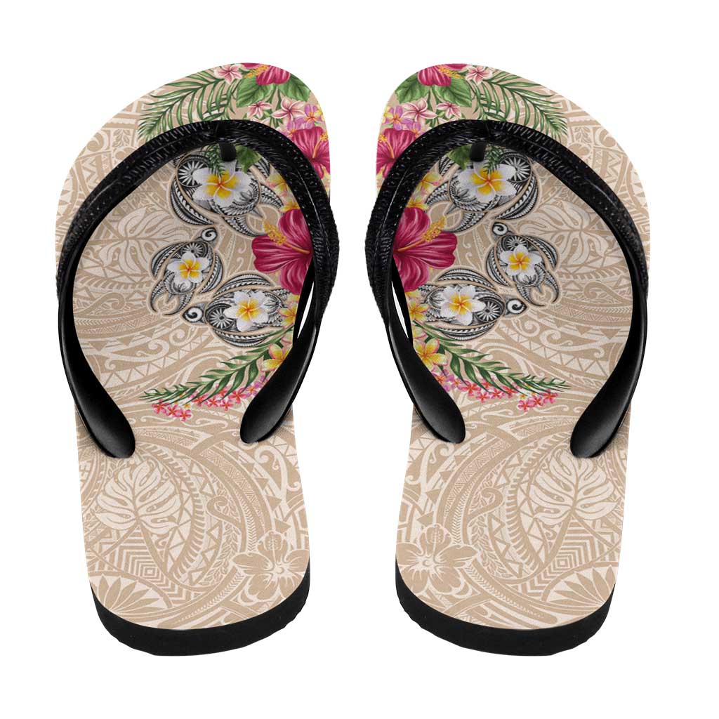 Hawaiian Tropical Flowers and Tribal Turtles Flip Flops Polynesian Art Motifs Beige Color - Polynesian Pride