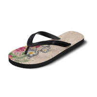 Hawaiian Tropical Flowers and Tribal Turtles Flip Flops Polynesian Art Motifs Beige Color - Polynesian Pride