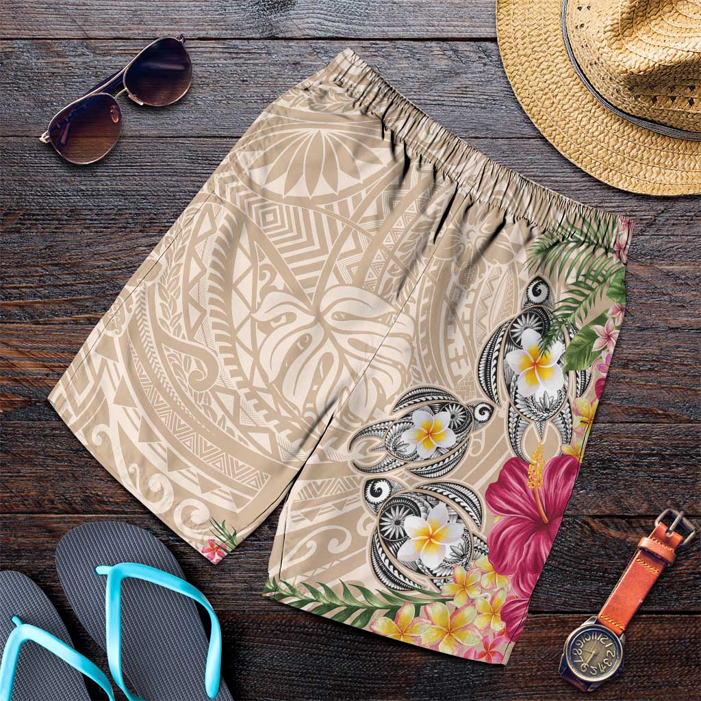 Hawaiian Tropical Flowers and Tribal Turtles Shorts for Men Polynesian Art Motifs Beige Color - Polynesian Pride