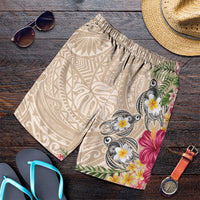Hawaiian Tropical Flowers and Tribal Turtles Shorts for Men Polynesian Art Motifs Beige Color - Polynesian Pride