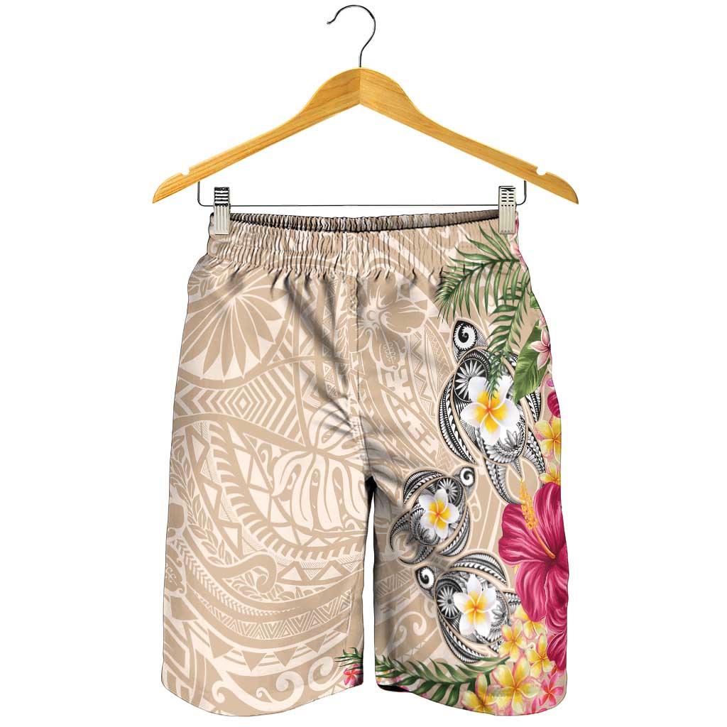 Hawaiian Tropical Flowers and Tribal Turtles Shorts for Men Polynesian Art Motifs Beige Color - Polynesian Pride