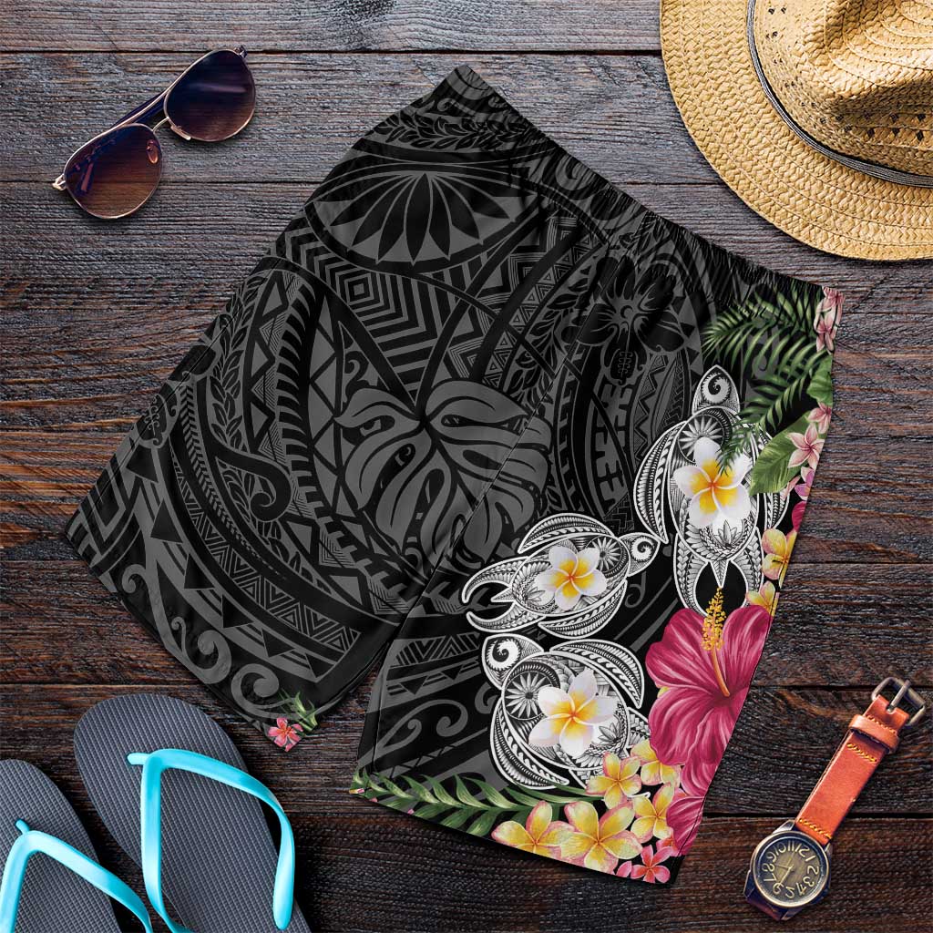 Hawaiian Tropical Flowers and Tribal Turtles Shorts for Men Polynesian Art Motifs Black Color - Polynesian Pride
