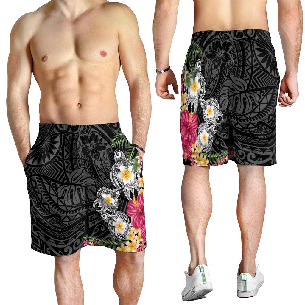Hawaiian Tropical Flowers and Tribal Turtles Shorts for Men Polynesian Art Motifs Black Color - Polynesian Pride