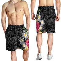 Hawaiian Tropical Flowers and Tribal Turtles Shorts for Men Polynesian Art Motifs Black Color - Polynesian Pride