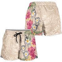 Hawaiian Tropical Flowers and Tribal Turtles Shorts for Women Polynesian Art Motifs Beige Color - Polynesian Pride