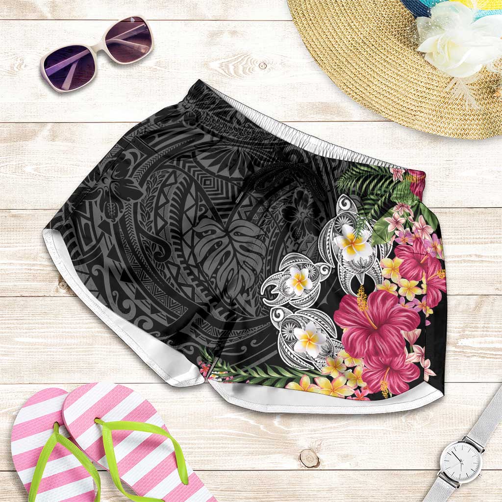Hawaiian Tropical Flowers and Tribal Turtles Shorts for Women Polynesian Art Motifs Black Color - Polynesian Pride