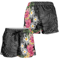 Hawaiian Tropical Flowers and Tribal Turtles Shorts for Women Polynesian Art Motifs Black Color - Polynesian Pride