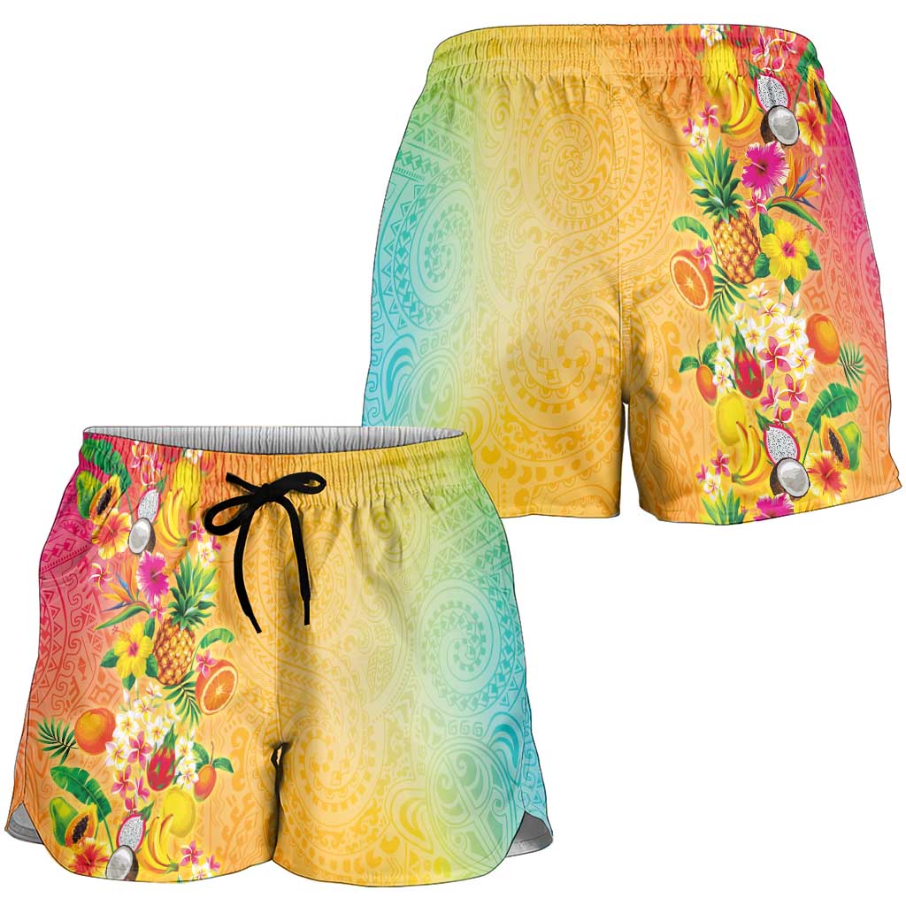 Hawaiian Tropical Fruits and Plants Shorts for Women Kakau Pattern Summer Vibe