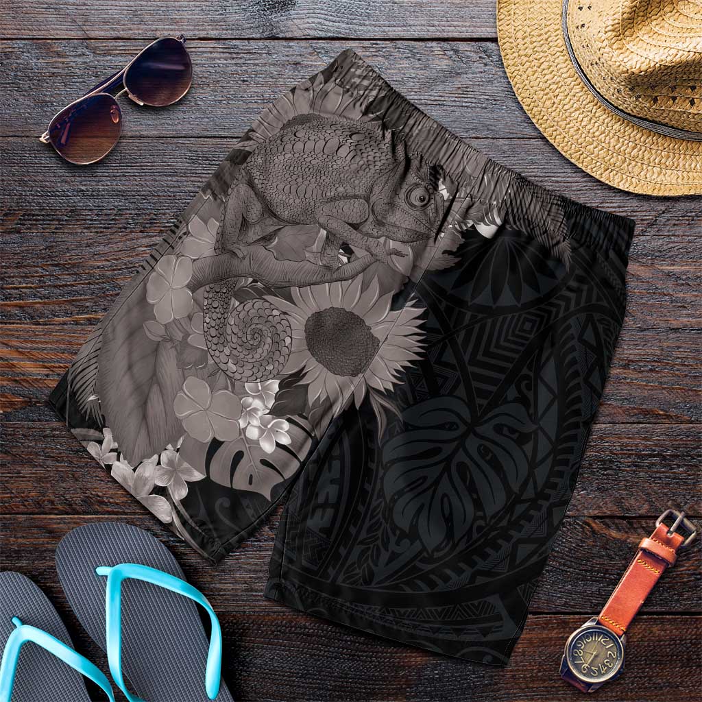 Hawaiian Tropical Plants and Chameleon Shorts for Men Polynesian Art Grayscale - Polynesian Pride
