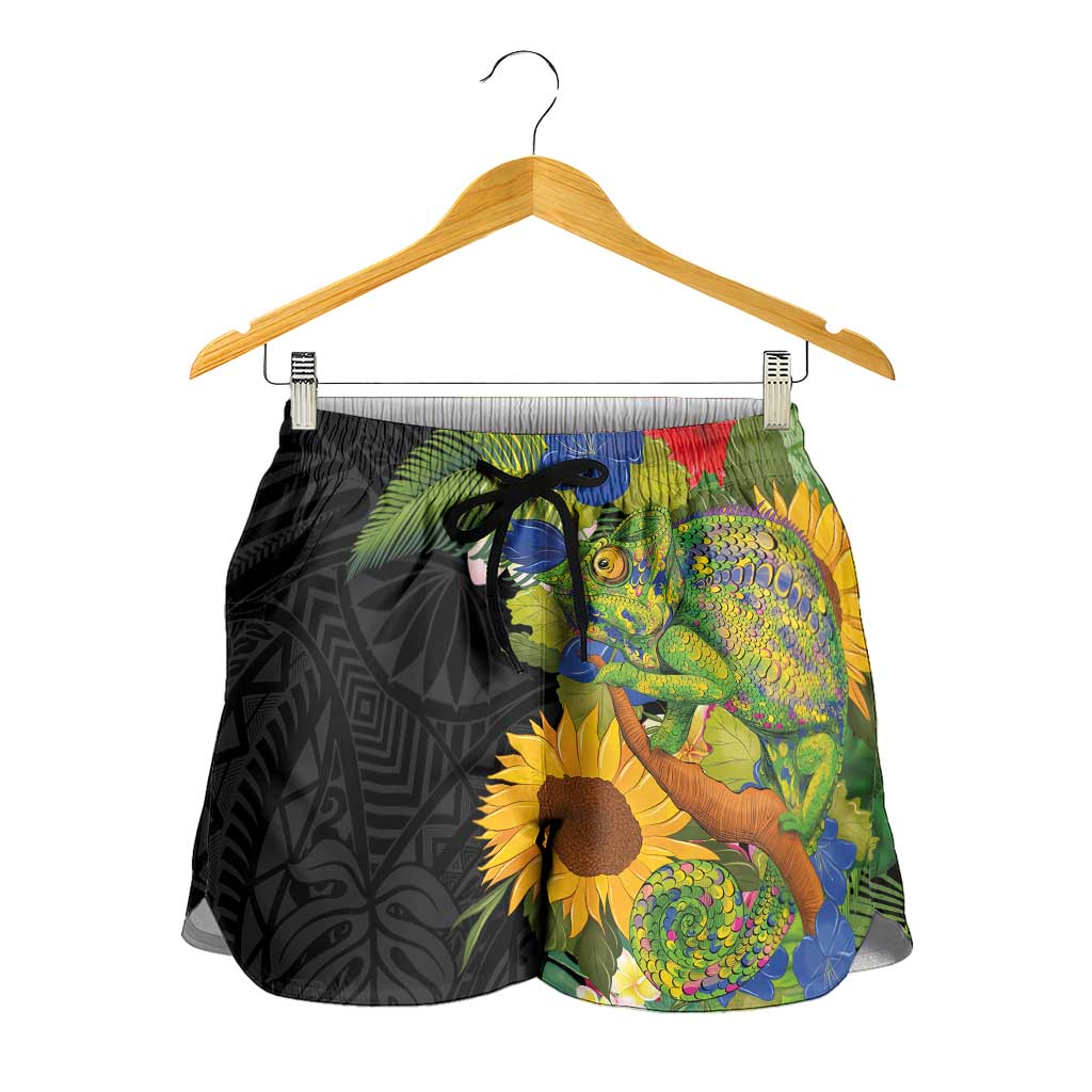 Hawaiian Tropical Plants and Chameleon Shorts for Women Polynesian Art Colorful - Polynesian Pride