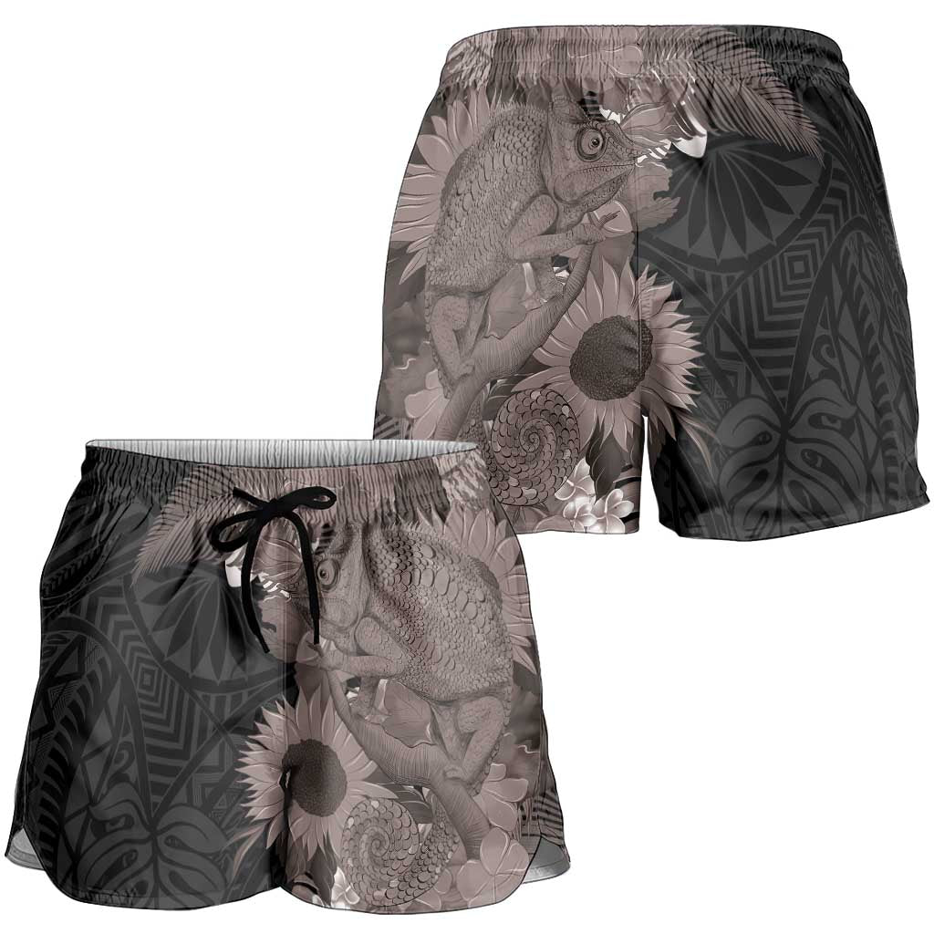 Hawaiian Tropical Plants and Chameleon Shorts for Women Polynesian Art Grayscale - Polynesian Pride