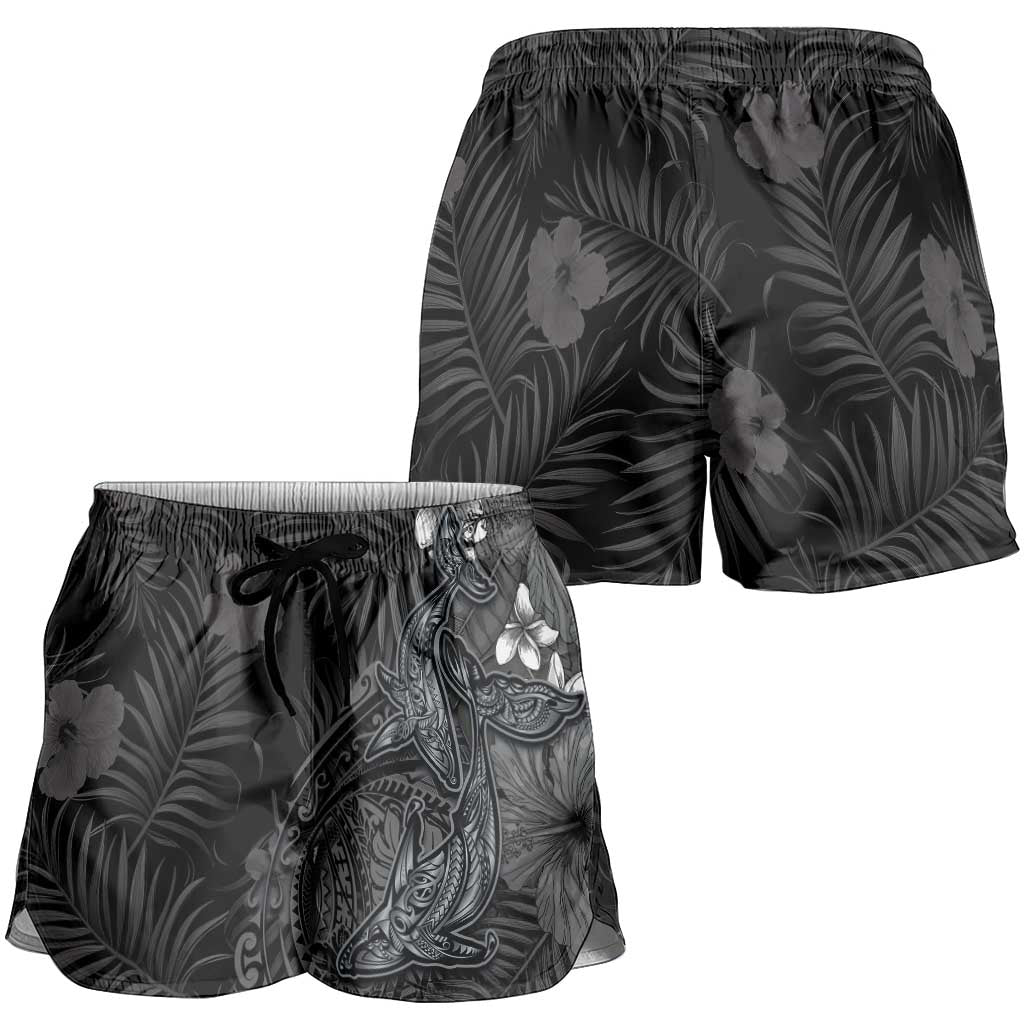 Hawaiian Tropical Plants and Tribal Whales Shorts for Women Polynesian Art Tattoo Grayscale LT03 - Polynesian Pride