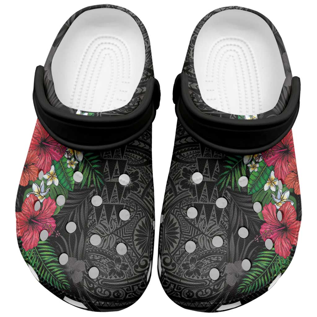 Hawaiian Tropical Plants Clogs Shoes Kakau Tattoo and Polynesian Pattern Half Black Color LT03 Black - Polynesian Pride
